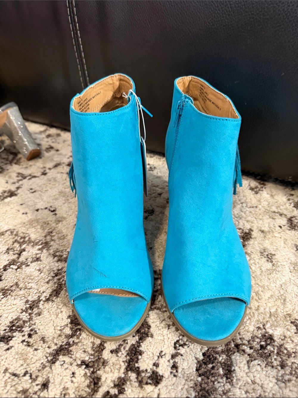 Turquoise Fringe Peep-Toe Ankle Boots - Women's - Picture 2 of 9